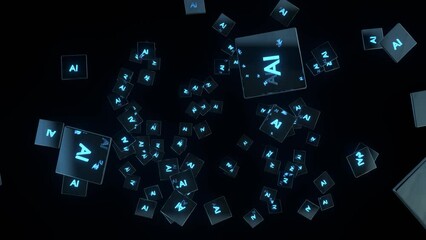 3d animation of AI processor flying in different directions in a dark room. Brain of Artificial intelligence, Digital generate technology