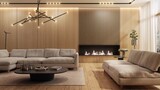 Fototapeta  - Living room designed in a modern minimalist style, with a large comfortable sofa. There is a fireplace in the wall fully clad with large wooden panels that harmonize with the floor. 3D illustration.