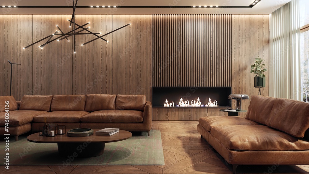 Living room designed in a modern minimalist style, with a large ...