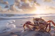 Close-up of a colorful crab on a sunny beach at sunset, with waves of sea foam and a clear sky in the background.