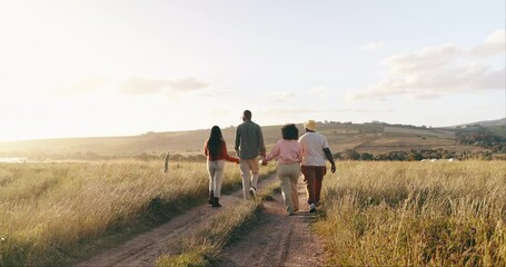 Wall Mural - Group, friends and holding hands with vacation, back and summer break with adventure, fresh air and journey. People, outdoor and holiday with road trip getaway, trust and nature with mountains