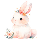 Fototapeta Pokój dzieciecy - Watercolor hand-painted illustration of an cute small Easter bunny with small flowers. Isolated on a transparent background