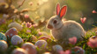 White rabbit amidst Easter eggs in grass, a symbol of Easter