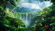 © weerasak - A tropical paradise with lush greenery, a waterfall, and a rainbow, representing serenity and natural beauty