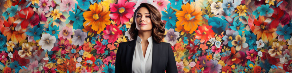 Young beautiful woman in a business suit on a floral wall background. Fashion banner layout.