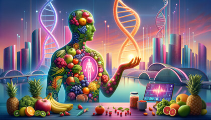 Wall Mural - Nutrigenomics: Future of Personalized Health in Pop Futurism Style