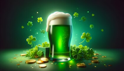 Wall Mural - Illustration for st. patrick's day with a glass of green beer with white foam.