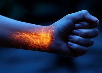 Hand with pain in elbow, close-up. Health care concept