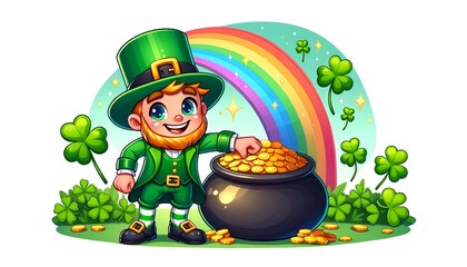 Wall Mural - Cartoon style illustration for st. patrick's day with a leprechaun with pot of gold.