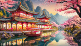 Fototapeta  - Chinese temple landscape with forest and mountains in the background, anime style.