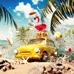 Poster - Summer travel concept. Yellow car emerging from sea water with summer accessories on beautiful sand beach. 3D Rendering, 3D Illustration