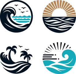 Wall Mural - set of sea wave sunset logo icon silhouette symbols clipart, sunset logo concept