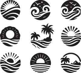 Wall Mural - set of sea wave sunset logo icon silhouette symbols clipart, sunset logo concept