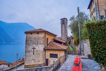 Sticker - The viewpoint on Lake Lugano and  Chiesa di San Vigilio church, Gandria, Switzerland