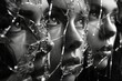 Black and white image of multiple reflections of a face seen through cracked glass, creating a complex and distorted mosaic
