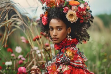 Woman in a meadow wearing an elaborate headdress of flowers and bright textured clothing