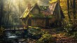 A quaint cottage nestled in a dense forest, sunlight filtering through the canopy of trees to dapple the moss-covered roof, a babbling brook running nearby