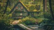 A quaint cottage nestled in a dense forest, sunlight filtering through the canopy of trees to dapple the moss-covered roof, a babbling brook running nearby