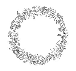 Sticker - Hand drawn wild flowers wreath line art vector illustration isolated on white background. Circle floral frame in black ink sketch style. Elegant wedding invitation design. Botanical clipart.