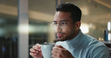 Fototapete - Businessman, night and glasses for planning and coffee, reading report and working overtime on startup. Asian male person, plan and research on internet, website and computer reflection for deadline