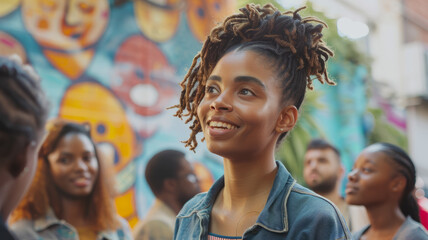 Wall Mural - A diverse group of friends laughing and having fun outdoors.