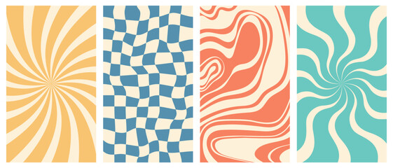 Wall Mural - Vector set of vertical groovy poster in trendy 70s style. Twisted and distorted retro backgrounds. Vector illustration