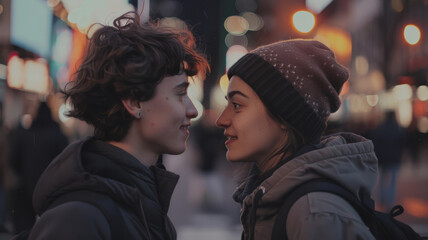 Canvas Print - A happy young couple smiling together on the street.