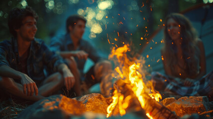 Wall Mural - A group of friends enjoying a campfire in the forest on a summer evening.