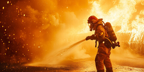 Wall Mural - fireman using water and extinguisher to fighting