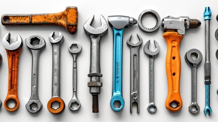 Flat lay of various technician tools isolated on white background