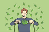 Fototapeta Panele - Man uses green energy obtained from environmentally friendly or alternative sources and connects two wires. Guy rejoices at receiving regenerative green energy to reduce co2 emissions