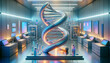 Futuristic DNA lab with pixelated disintegration and serene chromatic hues.