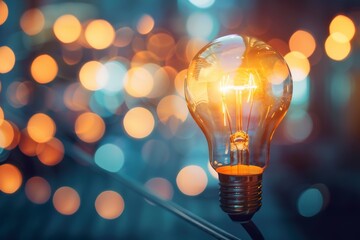 Poster - Glowing light bulb on a bokeh background - A single illuminated light bulb in focus with a beautiful bokeh effect background representing inspiration