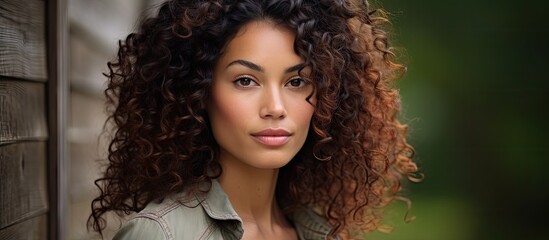 Sticker - Confident Mixed Race Woman with Curly Hair and Green Shirt Standing Outdoors