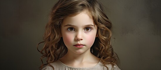 Poster - Adorable Young Girl with Elegant Long Hair and Brown Shirt in Studio Portrait