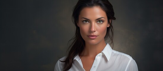 Poster - Elegant Woman Showcasing Long Brunette Hair in Stylish White Shirt on Dark Studio Background