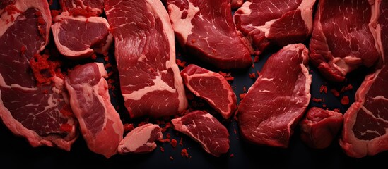 Poster - Assorted Fresh Cuts of Raw Meat Arranged Neatly on a Sleek Black Surface