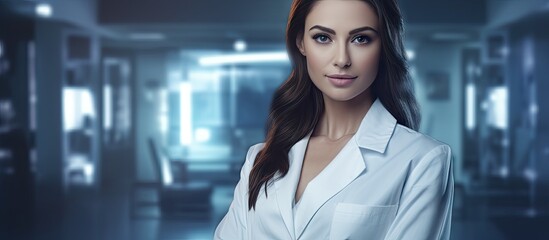 Poster - Confident Female Doctor in a White Lab Coat Standing in a Hospital