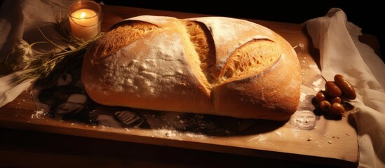 Wall Mural - Homemade Bread Serenely Rests on Wooden Cutting Board Ready for a Love-Filled Meal