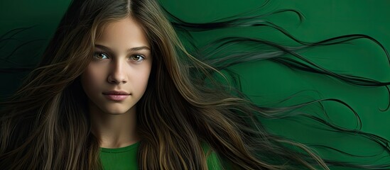 Sticker - Serenity in Green: Beautiful Long-Haired Girl Poses Gracefully Against Vibrant Background