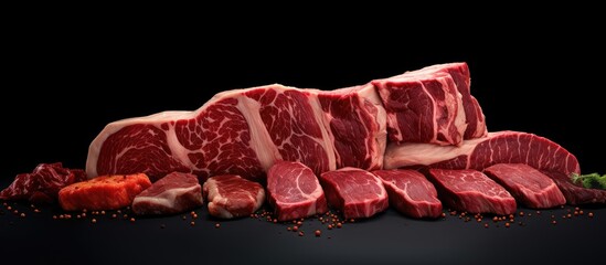 Poster - Assorted Stack of Raw Meat Cuts Set Against Dramatic Dark Background