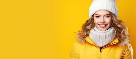 Poster - Cheerful Young Woman in Stylish Winter Attire Smiling against Vibrant Background