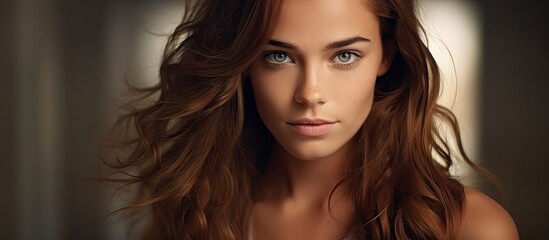 Wall Mural - Captivating Beauty: Portrait of a Woman with Enchanting Green Eyes and Flowing Brown Hair