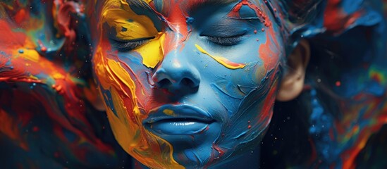 Poster - Vibrant Woman Embracing Creativity with Colorful Paint Adorned on Her Face