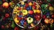 © Tida - Vibrant bowl of mixed fruits on a dark table - An exquisite bowl overflowing with a colorful variety of fresh fruits set against a dark, moody background for contrast
