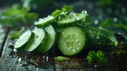 Wall Mural - Sliced cucumbers with water drops on a wooden surface.