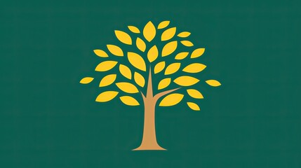 Wall Mural - Minimalist tree illustration with golden leaves on a green background.