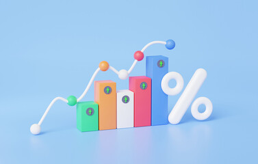 Wall Mural - Growth statistics analytics graph higher percentage on sky blue background. Finance business economics concept. Stock market trading investment exchange, price action. 3d rendering