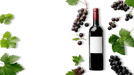 red wine bottle and bunches of grapes isolated on transparent background