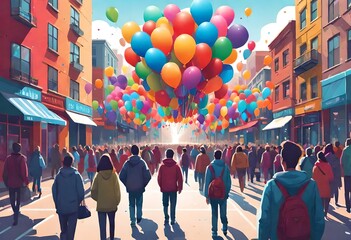 Wall Mural - Vibrant city scene where a solitary jacket walks down a bustling street filled with colorful balloons